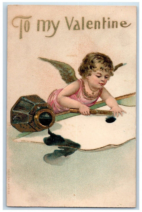 c1910's Valentine Angel Inkwell Fell Embossed Unposted Antique Postcard