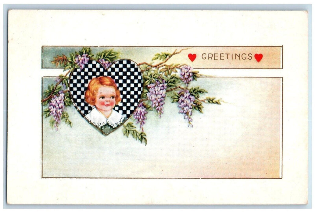 c1910's Valentine Greetings Little Girl In Heart Checkboard Flowers Postcard