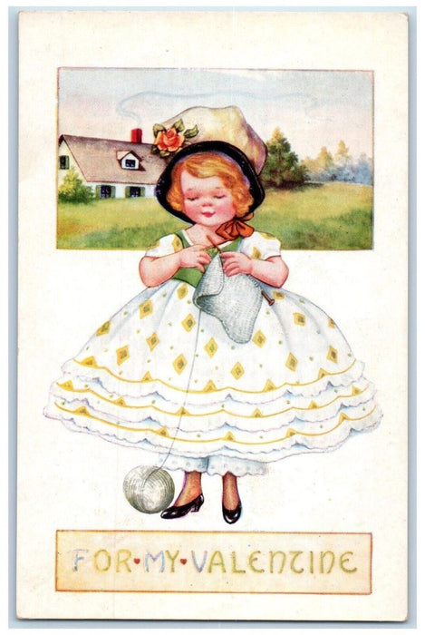 c1910's Valentine Girl Dress Tucking Yarn Embossed Unposted Antique Postcard