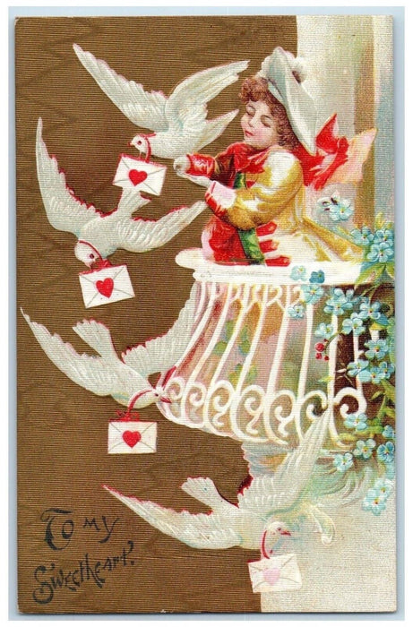 1909 Valentine Boy Dove Delivering Letters Pansies Flowers Embossed Postcard