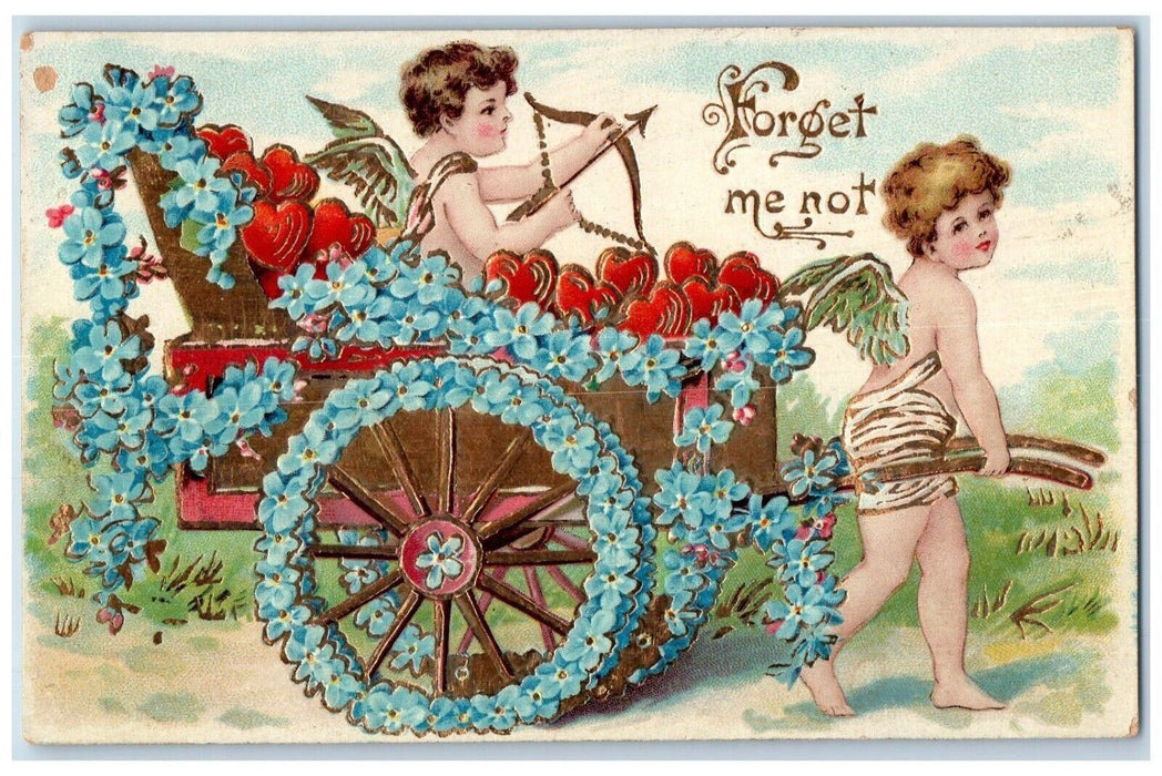 1910 Valentine Cupid Angel Pulling Wagon Bow And Arrow Heart PansiesPostcard