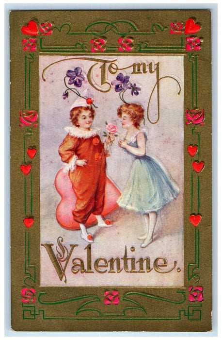 1912 Valentine Girl Jester Clown Costume Hearts Embossed Posted Antique Postcard