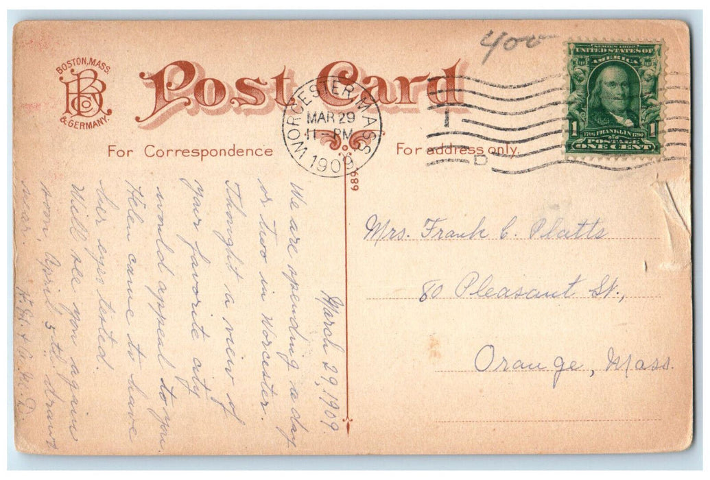1909 Trolley Car Main Street Business Section Worcester MA Antique Postcard