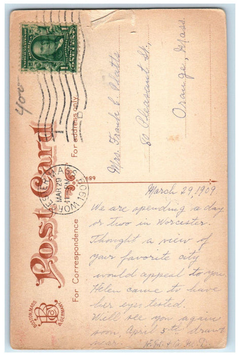 1909 Trolley Car Main Street Business Section Worcester MA Antique Postcard