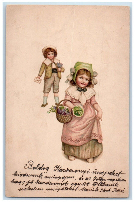 c1910's Valentine Children Pansies Flowers In Basket Posted Antique Postcard