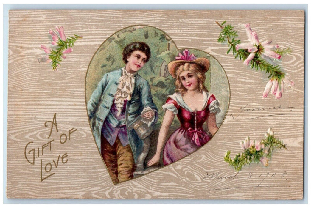 1908 Valentine Heart Couple Flowers Winsch Back Embossed Marlboro MA Postcard