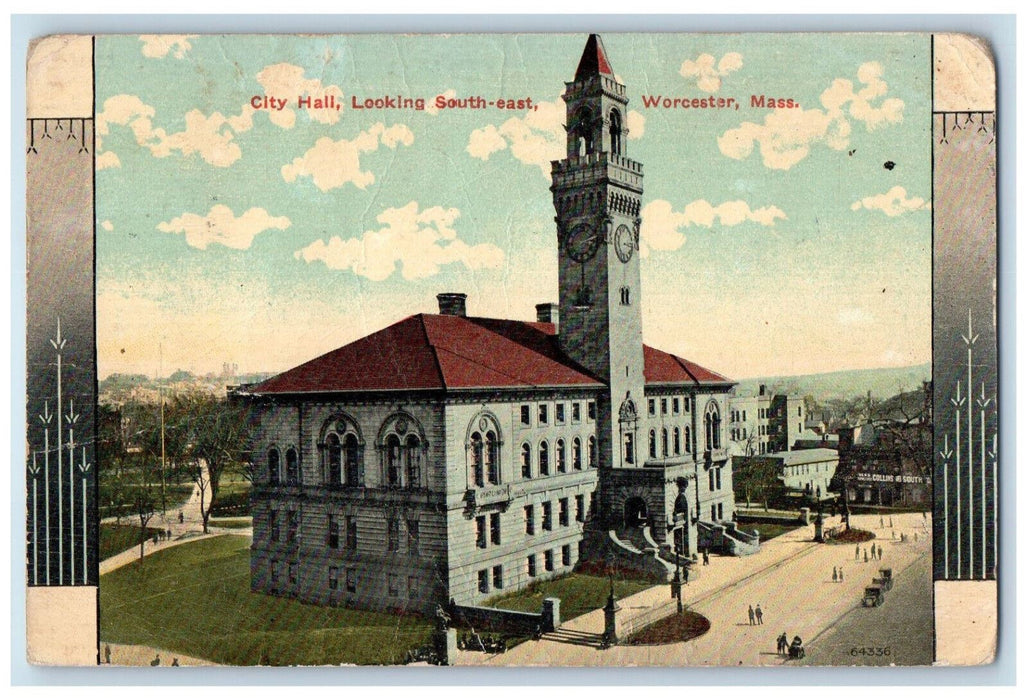 1913 City Hall Looking South-East Worcester Massachusetts MA Art Noveau Postcard