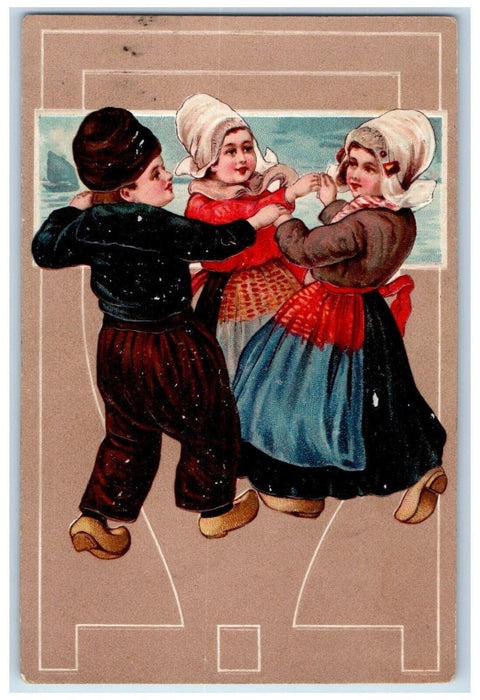 c1910's Easter Dutch Man Womens Dancing Embossed Posted Antique Postcard