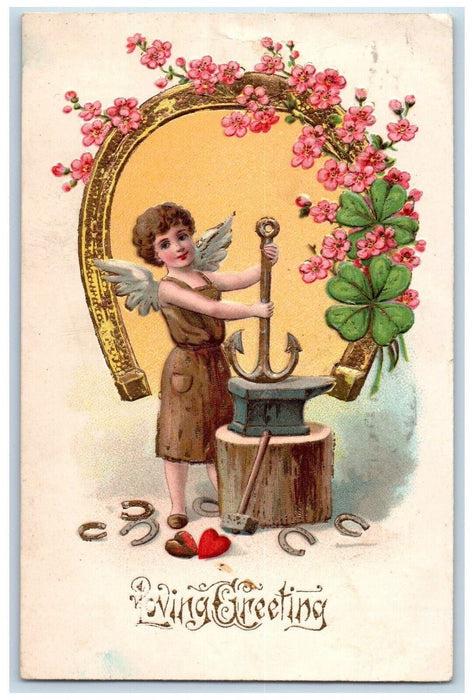 Valentine Greeting Angel Black Smith Hearts Horseshoe Shamrock Pansies Postcard