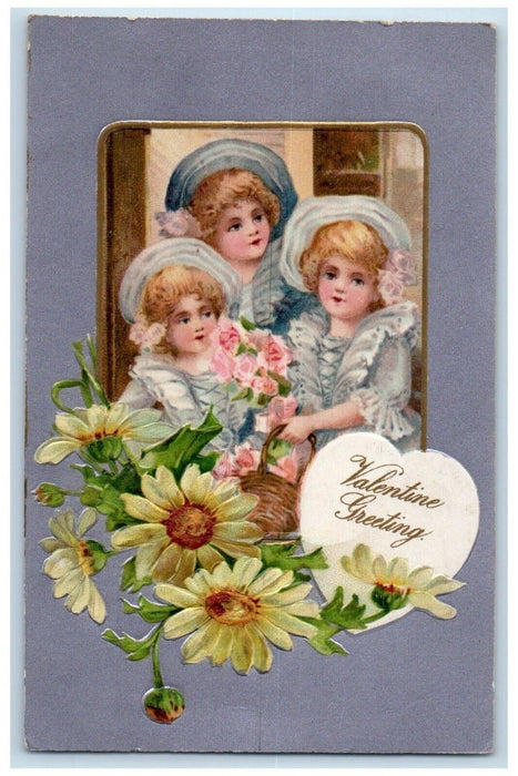 c1910's Valentine Greeting Children Flowers In Basket Winsch Back Postcard