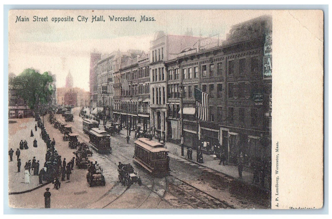 c1905 Main Street Opposite City Hall Worcester Massachusetts MA Postcard