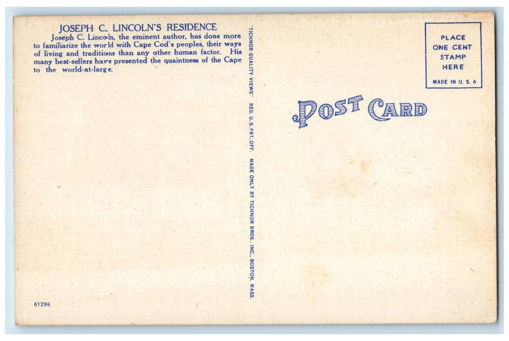 c1950's Joseph C Lincoln's Home at Chatham Cape Cod Massachusetts MA Postcard
