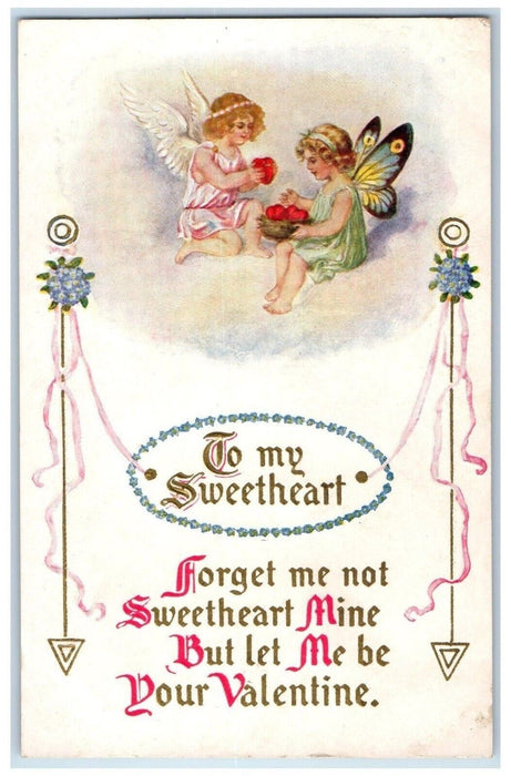 Valentine Hearts Angels Butterfly Wings Pansies Flowers Embossed Posted Postcard