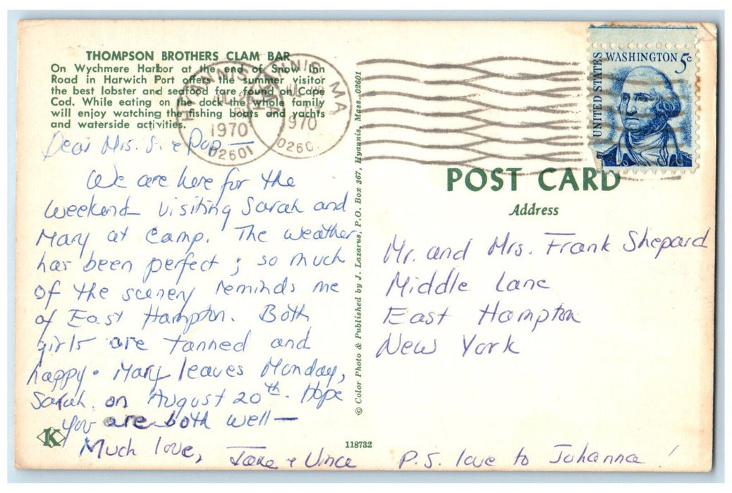 1970 Thompson Brothers Clam Bar Cape Cod Wychmere Harbor MA Postcard