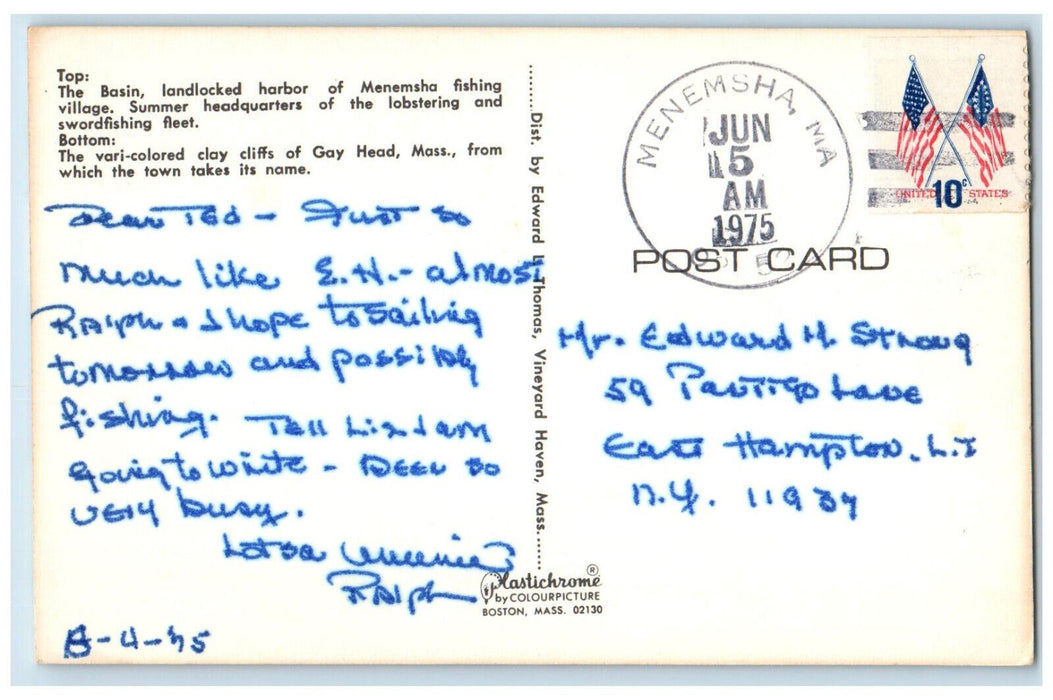 1975 It's Great To Be on Martha's Vineyard MA Menemsha MA Multivew Postcard