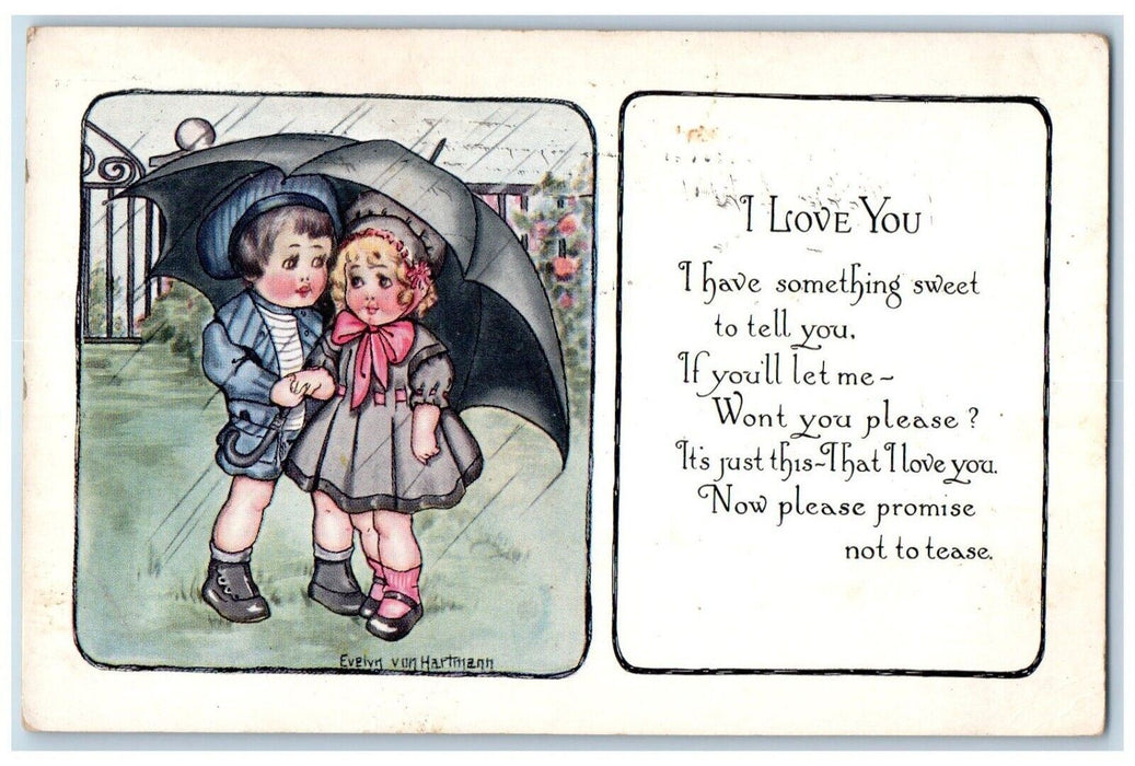 Valentine Sweet Couple Umbrella Raining Evelyn Von Hartmann Gibson Postcard