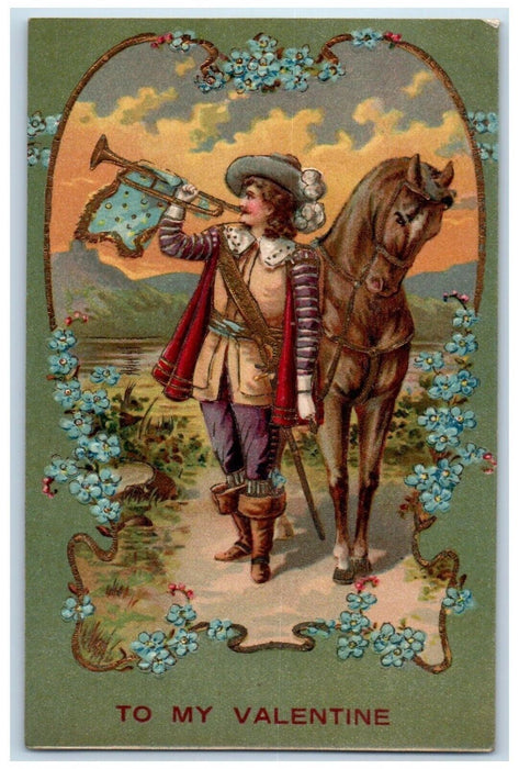 Valentine Horse Cowboy Trumpet Pansies Flowers Embossed Long Hill CT Postcard