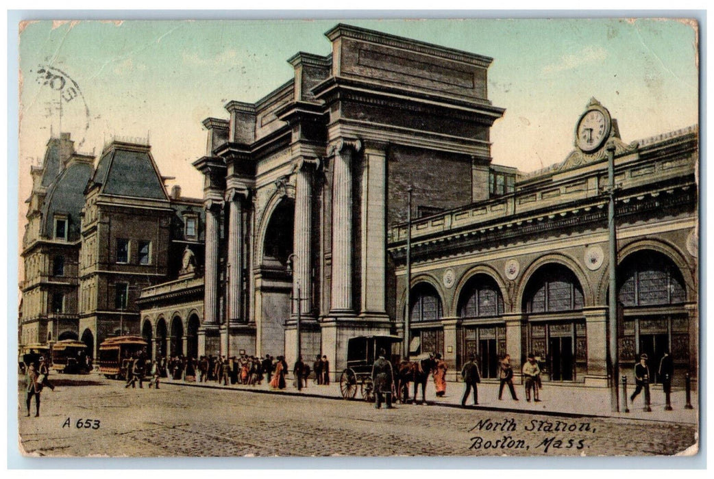 1911 Tower Clock Crowds at North Station Boston Massachusetts MA Postcard