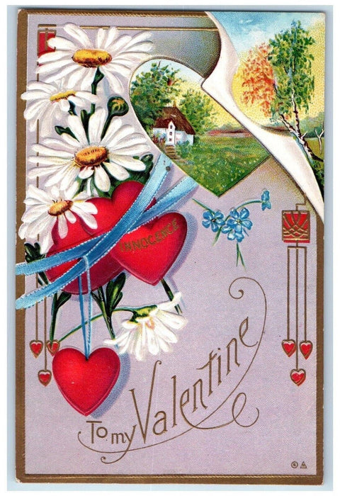 1912 Valentine Hearts Flowers Pansies Embossed Nash Ashfield MA Antique Postcard