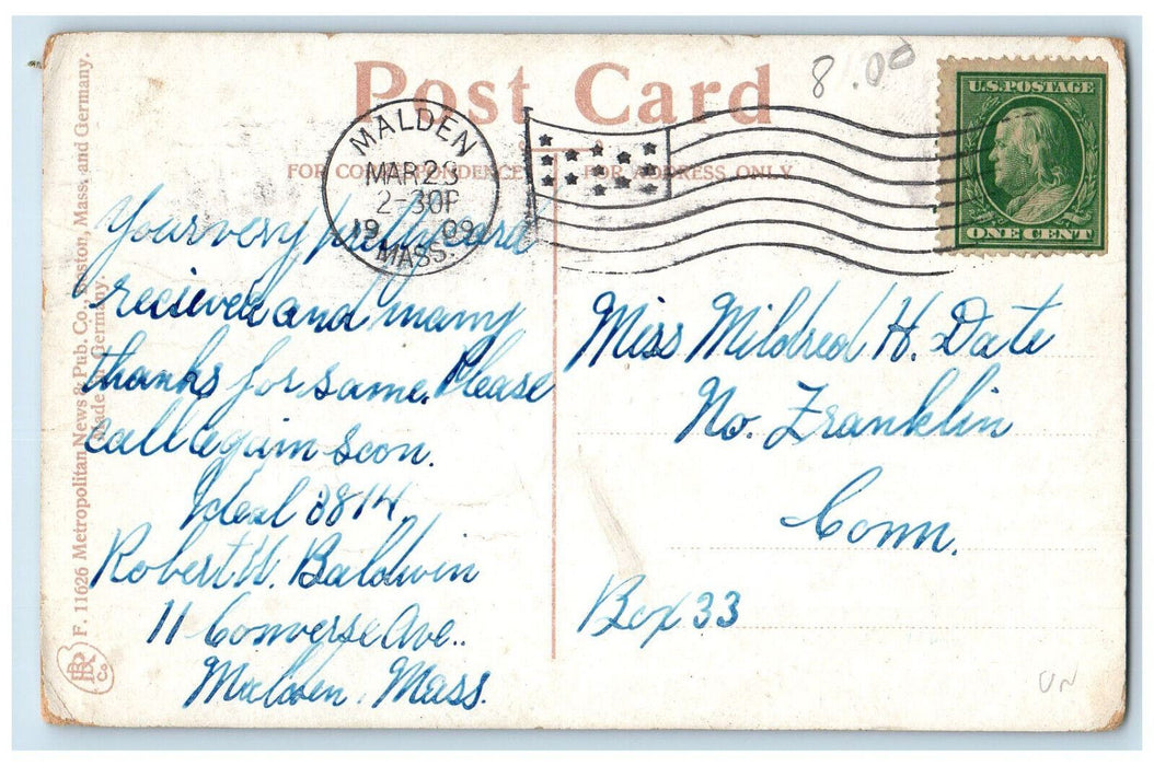 1909 Malden Auditorium Malden Massachusetts MA Antique Posted Postcard