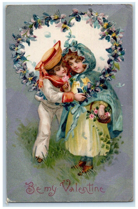 1909 Valentine Sweet Couple Romance Pansies Flowers Heart Winsch Back Postcard