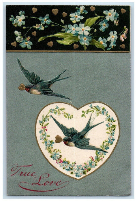 c1910's Valentine Heart Birds Pansies Flowers Winsch Back Embossed Postcard