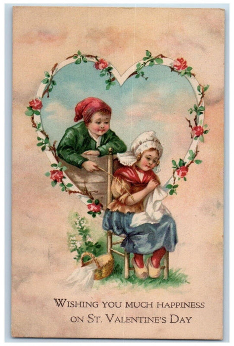 1917 Valentine Dutch Kid Heart Flowers Basket Gibson Meriden CT Antique Postcard