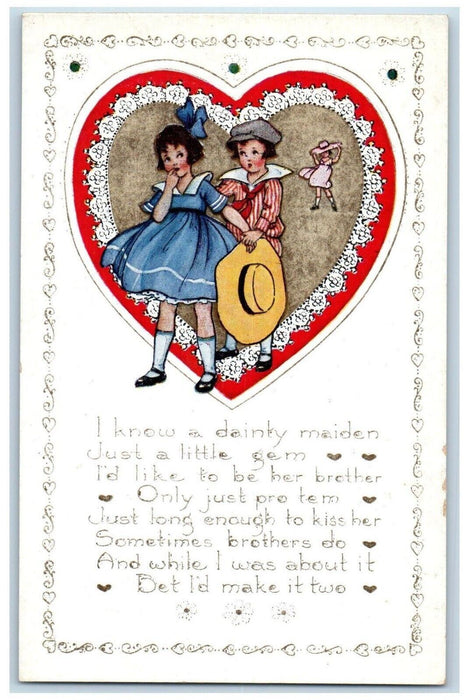 c1910's Valentine Message Children Big Hat Heart Embossed Antique Postcard