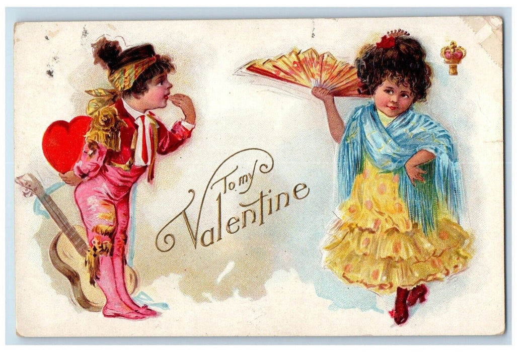 c1910's Valentine Children Heart And Guitar Fan Embossed Posted Antique Postcard