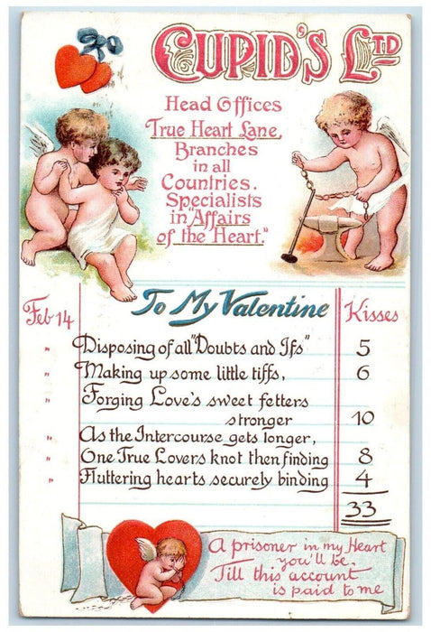 1912 Valentine Cupid Angels Black Smith Hearts Boston MA Posted Antique Postcard