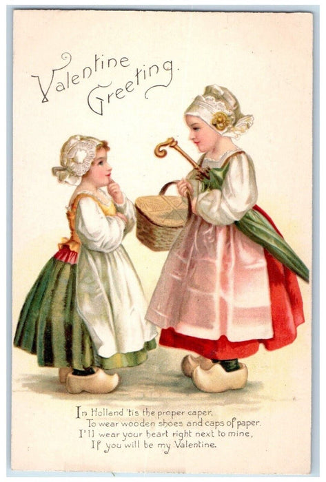 c1905 Valentine Greeting Dutch Girls Basket And Umbrella Posted Antique Postcard