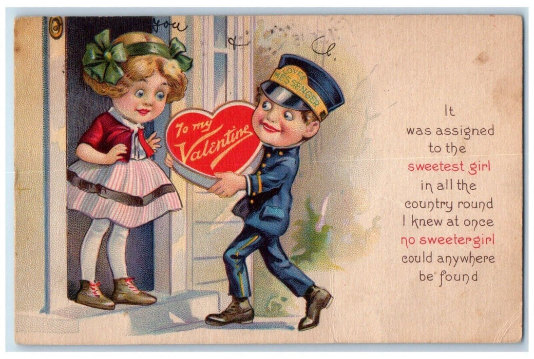 c1920's Valentine Messenger Man Delivering Present Heart Ludlow VT Postcard