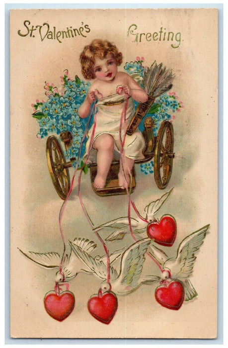 1908 Valentine Greeting Cupid Angel Dove Hearts Pansies Gel Gold Gilt Postcard