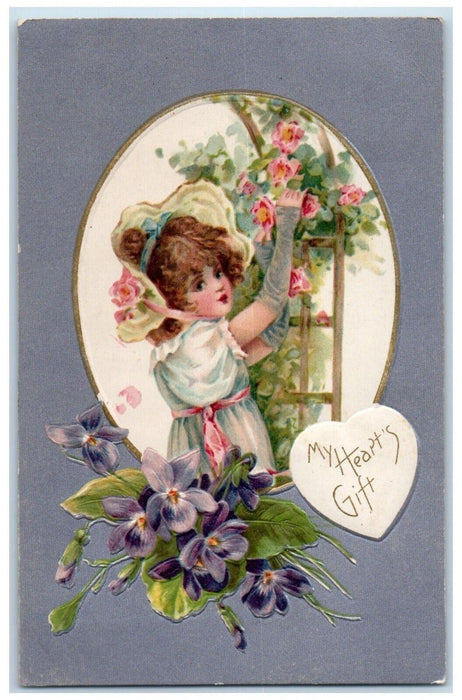 Valentine Heart Pretty Girl Harvesting Rose Flowers Pansies Winsch Back Postcard