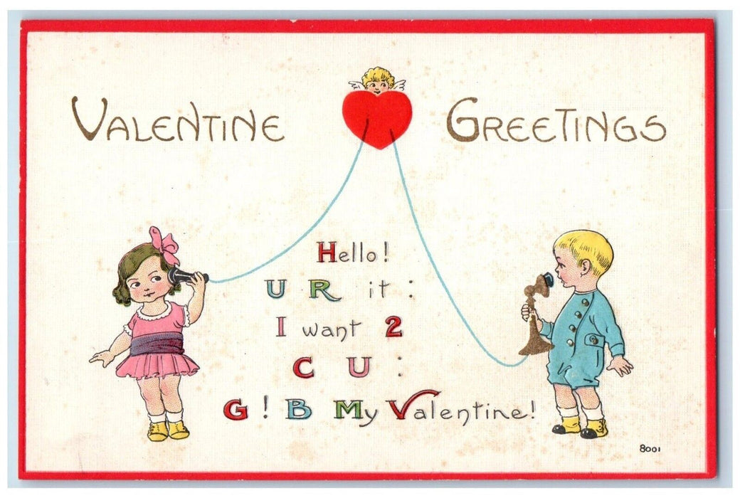 c1910's Valentine Greetings Cupid Heart Children Talking Telephone Postcard