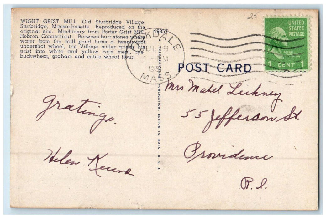 1951 Wight Grist Mill Old Sturbridge Village Massachusetts MA Postcard