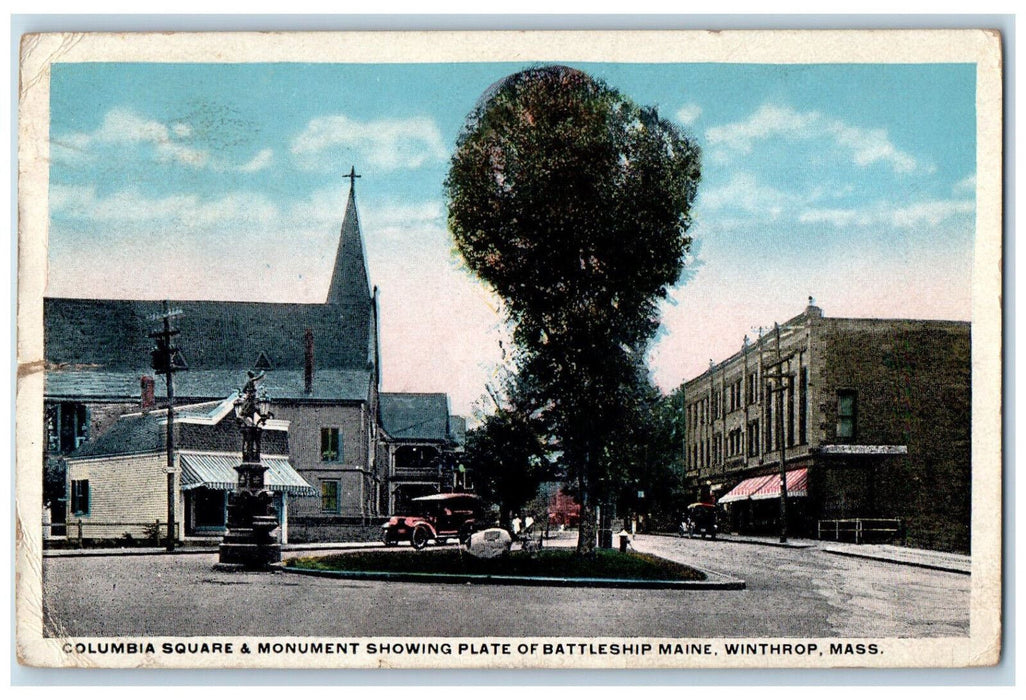 1917 Columbia Square Monument Plate of Battleship ME Winthrop MA Postcard