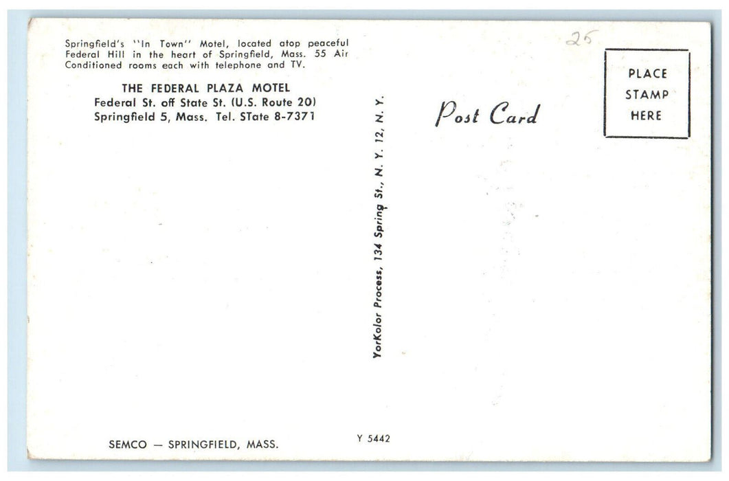 c1950 The Federal Plaza Motel Springfield Massachusetts MA Vintage Postcard