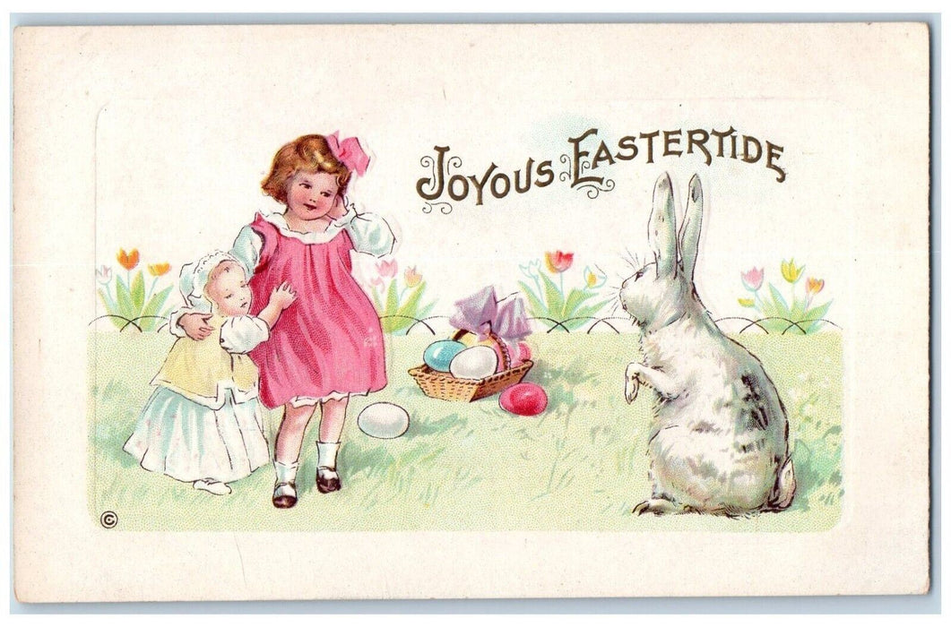 c1910's Easter Children Bunny Rabbit Eggs Basket Flowers Embossed Postcard