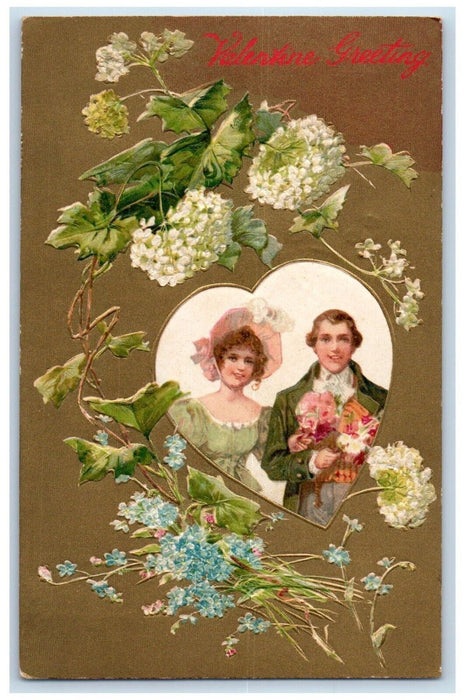 Valentine Greeting Couple Heart Flowers Pansies Winsch Back Embossed Postcard