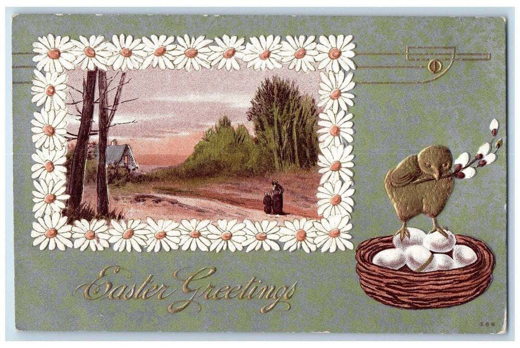 Easter Greetings Art Nouveau Daisy Flowers Chick Egg Nest Embossed Postcard