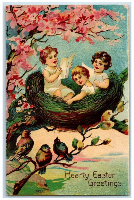 Easter Greetings Children Big Nest Song Birds Pipe Berry Tree Embossed Postcard