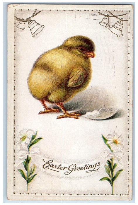 1916 Easter Greetings Chick Hatched Egg Lily Flowers Bells Embossed Postcard