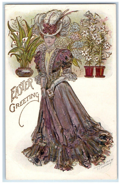 c1910's Easter Greeting Pretty Woman With Flowers In Pot Embossed Postcard