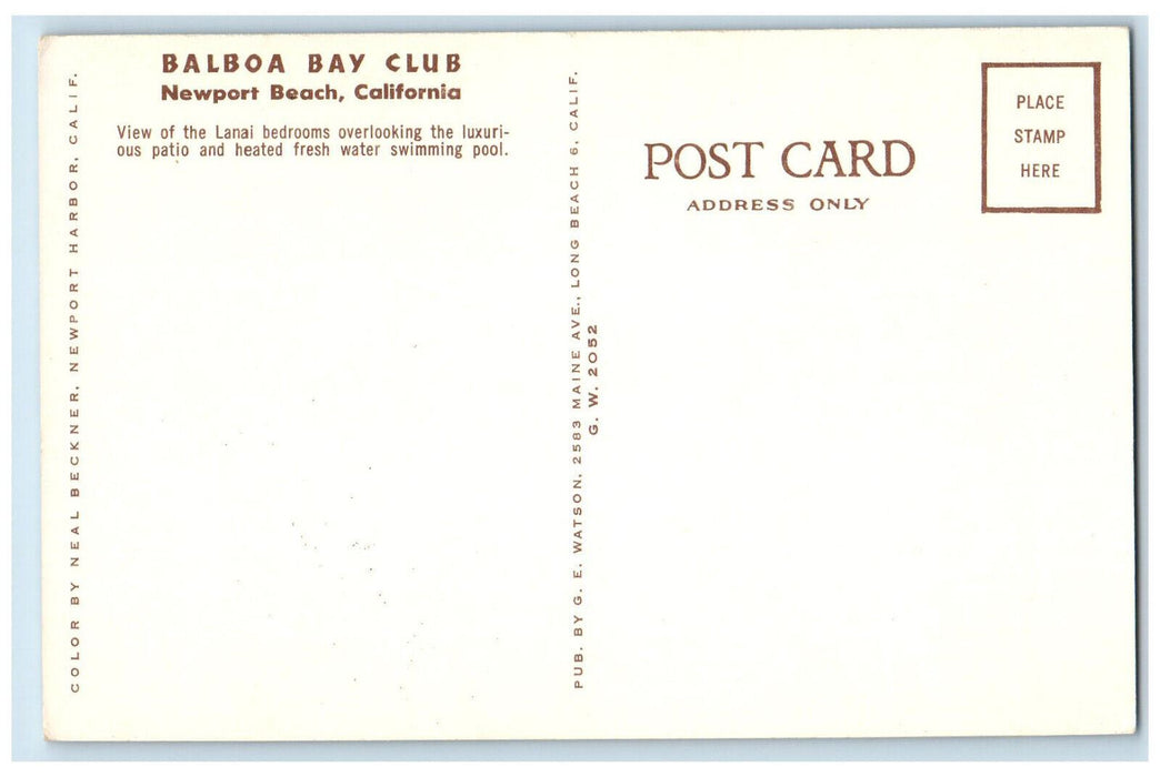 c1950's Lanai Bedrooms View Balboa Bay Club Newport Beach California CA Postcard