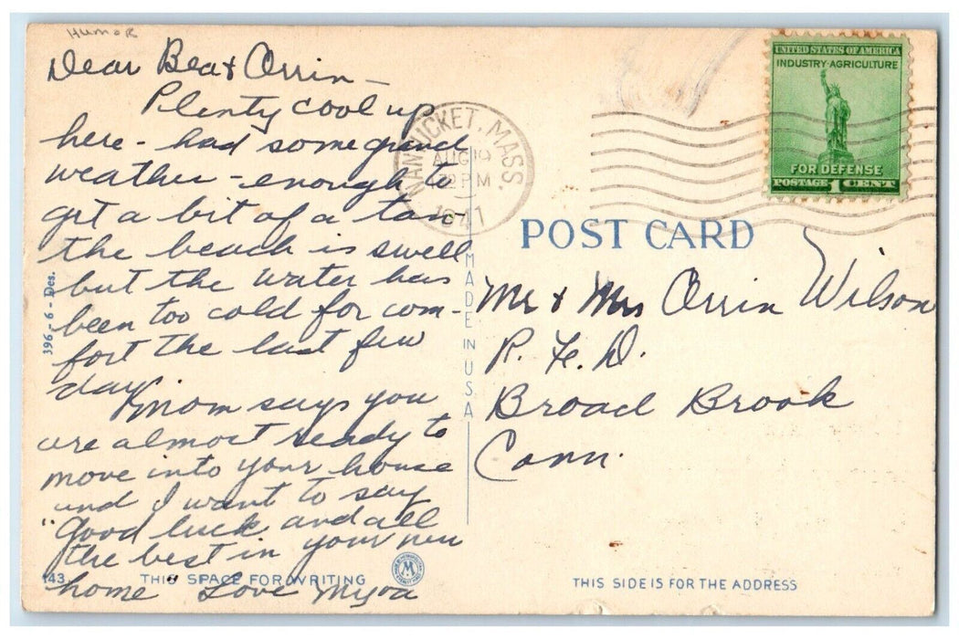 1941 Money Talks Walks Dollar Bill Lonely Man Humor Nantucket MA Postcard