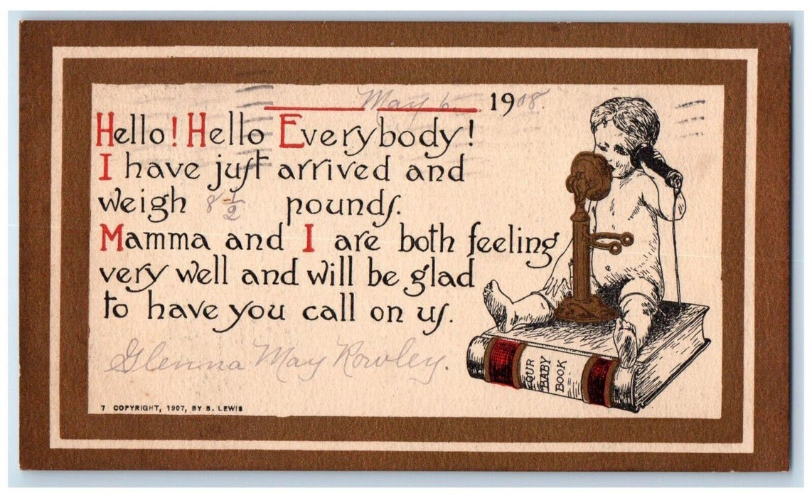 1908 Birth Announcement Telephone Springfield Massachusetts MA Antique Postcard