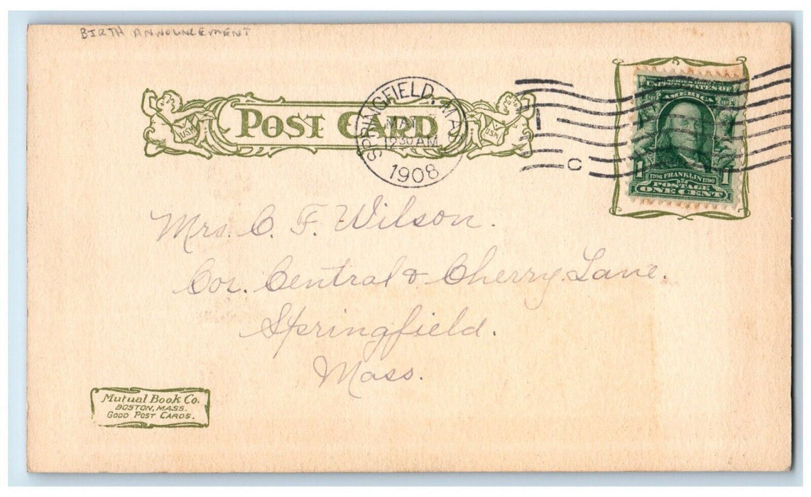 1908 Birth Announcement Telephone Springfield Massachusetts MA Antique Postcard