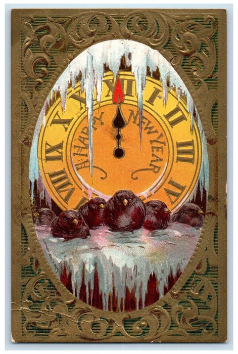1910 New Year Clock Midnight Chicks Winter Embossed Southwick MA Posted Postcard
