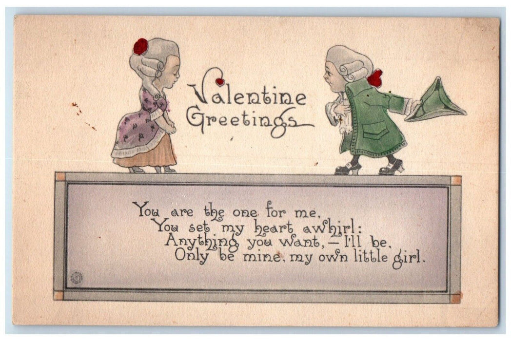 c1910's Valentine Greetings Hearts Colonial Couple Unposted Antique Postcard
